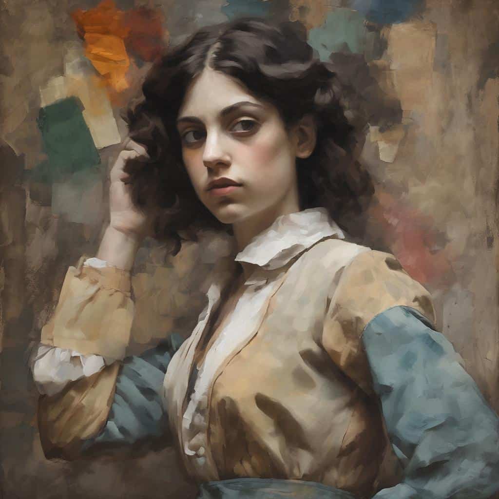 Παράξενος πίνακας πορτρέτου γυναίκας, εμπνευσμένος από ψυχογεωγραφία και τέχνη, με έντονες εκφράσεις και χρώματα.