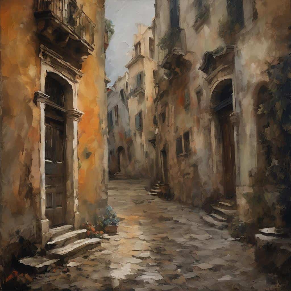 Παλιά στενά δακτυλίδι με καφέ πολυκατοικίες, τέχνη και ψυχογεωγραφία, ατμοσφαιρική εικόνα.